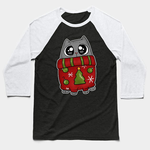 Ugly Sweater Christmas Cat Baseball T-Shirt by Wanderer Bat